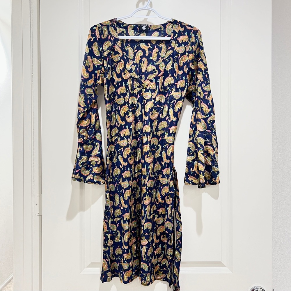 Jedzebel vintage navy boho paisley silk dress with belt size M lightweight